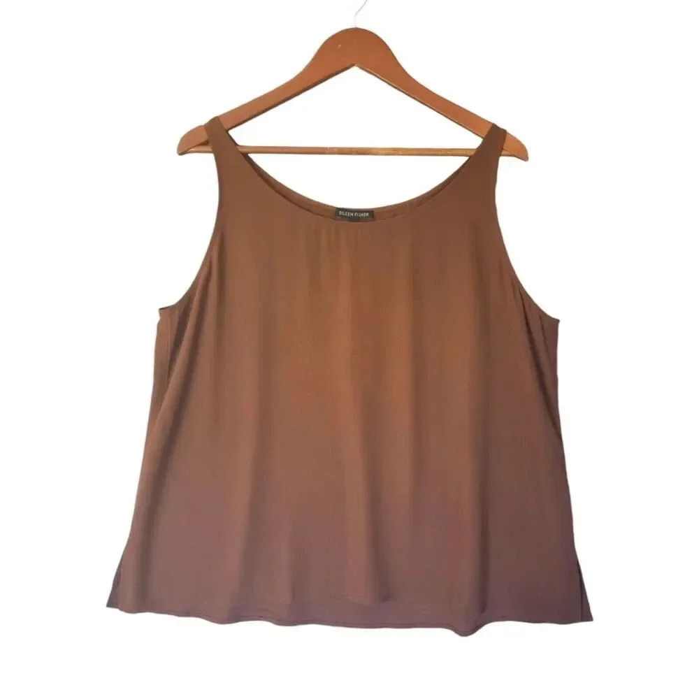 New $188 Eileen Fisher 100% Silk Tank Top Georgette Crepe Brown Scoop Neck Sz XL